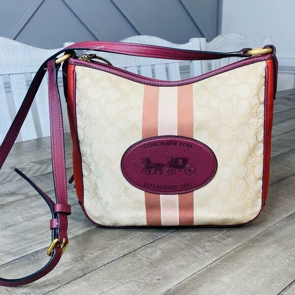 Coach Handbags - Coach Signature Horse Carriage Chaise Crossbody Bag 5875 B4/Light Khaki Wine